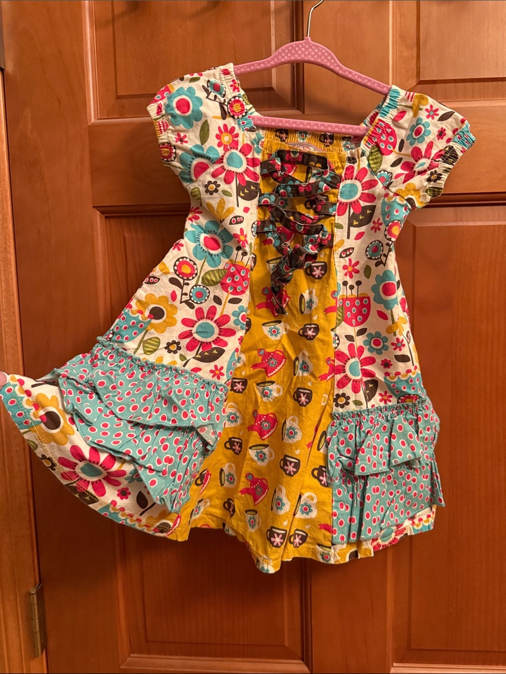Jelly The Pug Multicolor Floral Patchwork Dress in Turquoise, Yellow & Pink